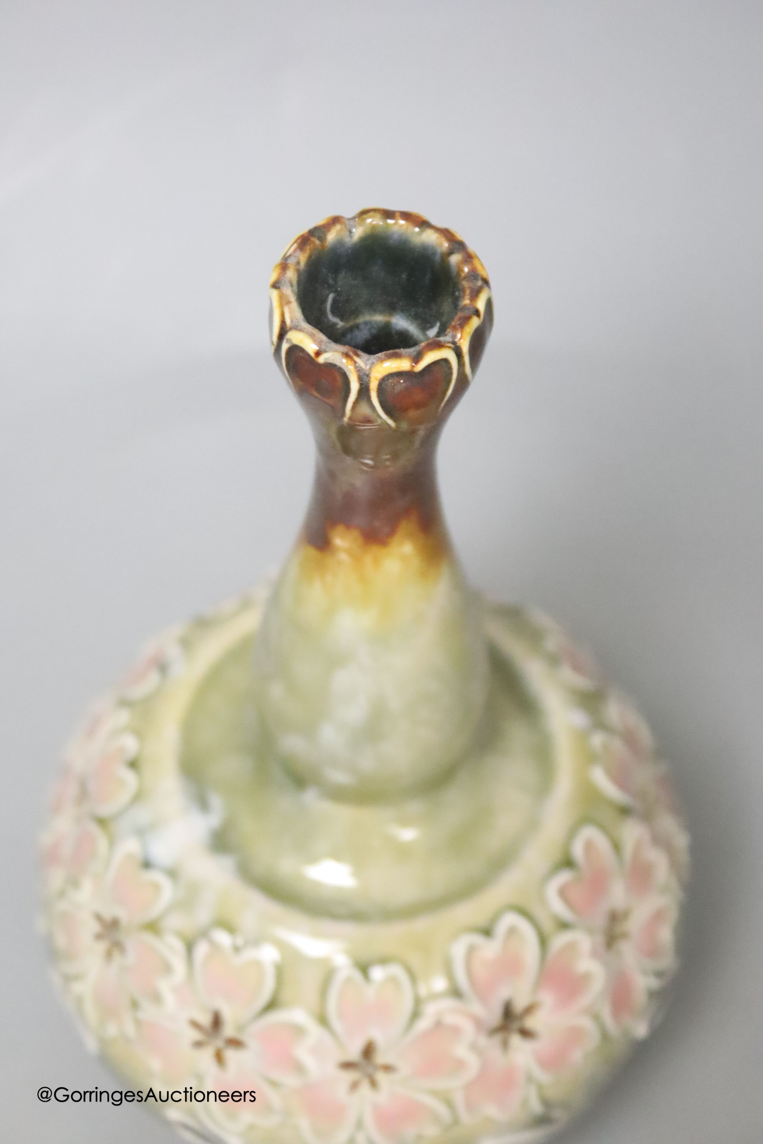 A Royal Doulton stoneware pink flower vase by Eliza Simmance, height 21cm